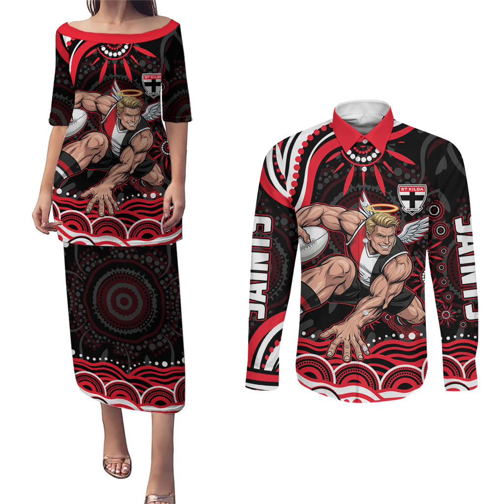 Personalized St Kilda Saints Footy Mascot Couples Matching Puletasi and Long Sleeve Button Shirt Aboriginal Dot Art - Dreamtime Football Mascot