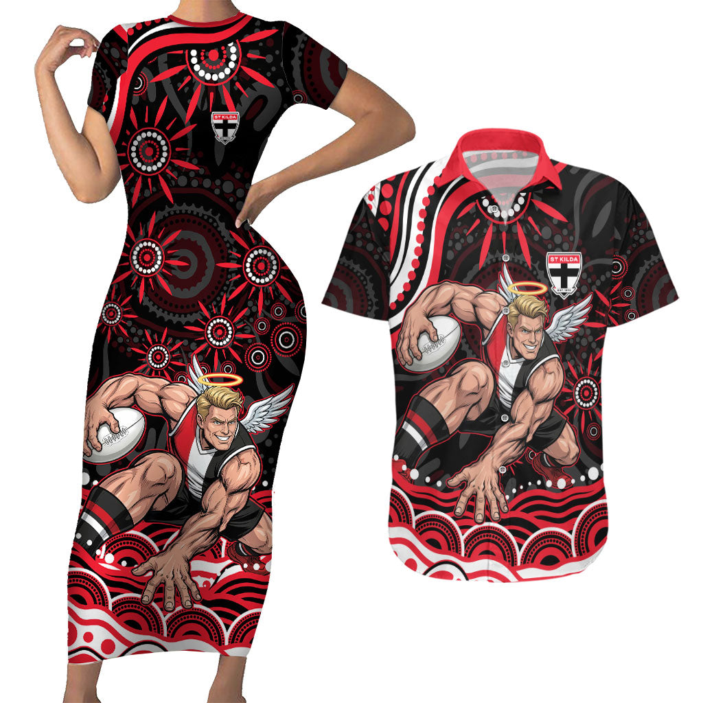 Personalized St Kilda Saints Footy Mascot Couples Matching Short Sleeve Bodycon Dress and Hawaiian Shirt Aboriginal Dot Art - Dreamtime Football Mascot