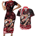 Personalized St Kilda Saints Footy Mascot Couples Matching Short Sleeve Bodycon Dress and Hawaiian Shirt Aboriginal Dot Art - Dreamtime Football Mascot