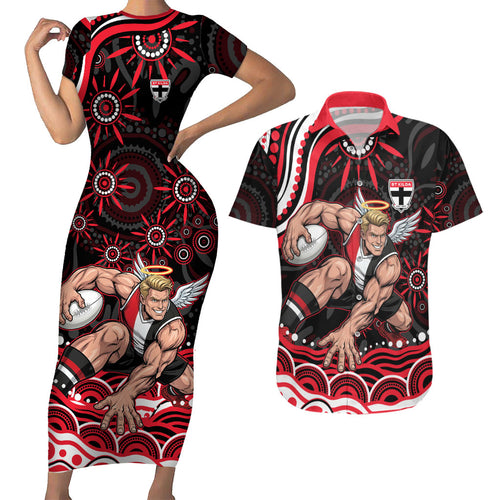 Personalized St Kilda Saints Footy Mascot Couples Matching Short Sleeve Bodycon Dress and Hawaiian Shirt Aboriginal Dot Art - Dreamtime Football Mascot