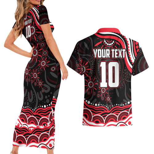 Personalized St Kilda Saints Footy Mascot Couples Matching Short Sleeve Bodycon Dress and Hawaiian Shirt Aboriginal Dot Art - Dreamtime Football Mascot