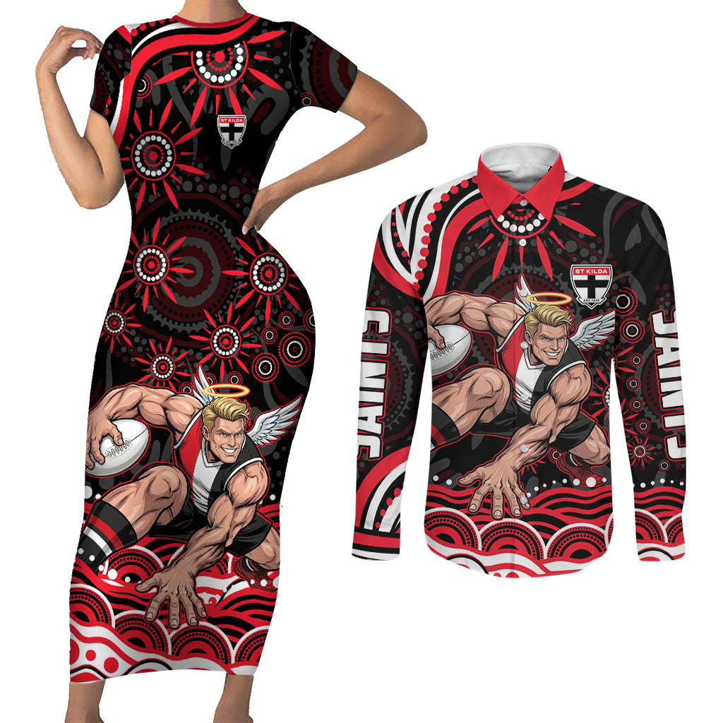 Personalized St Kilda Saints Footy Mascot Couples Matching Short Sleeve Bodycon Dress and Long Sleeve Button Shirt Aboriginal Dot Art - Dreamtime Football Mascot