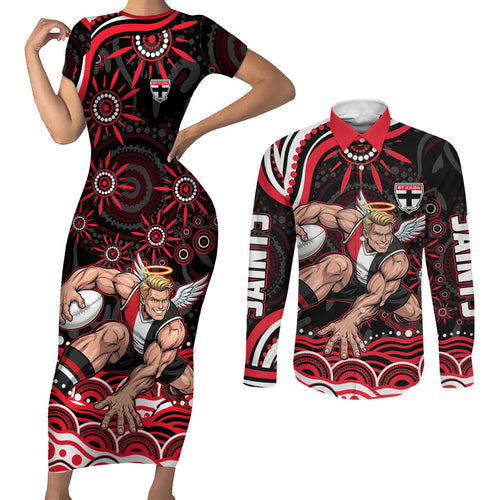 Personalized St Kilda Saints Footy Mascot Couples Matching Short Sleeve Bodycon Dress and Long Sleeve Button Shirt Aboriginal Dot Art - Dreamtime Football Mascot