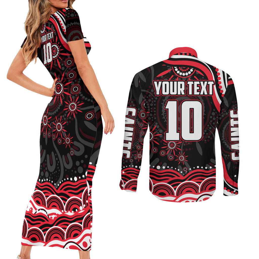 Personalized St Kilda Saints Footy Mascot Couples Matching Short Sleeve Bodycon Dress and Long Sleeve Button Shirt Aboriginal Dot Art - Dreamtime Football Mascot