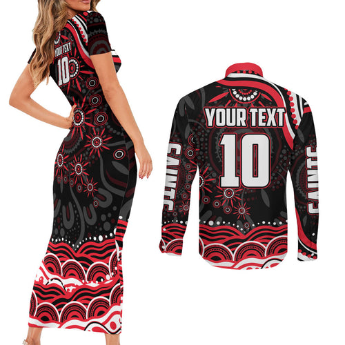 Personalized St Kilda Saints Footy Mascot Couples Matching Short Sleeve Bodycon Dress and Long Sleeve Button Shirt Aboriginal Dot Art - Dreamtime Football Mascot