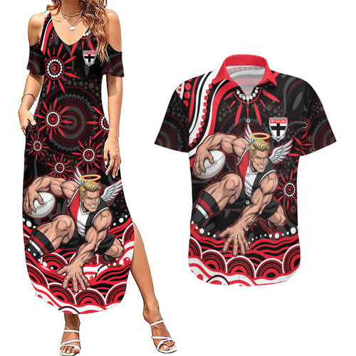 Personalized St Kilda Saints Footy Mascot Couples Matching Summer Maxi Dress and Hawaiian Shirt Aboriginal Dot Art - Dreamtime Football Mascot