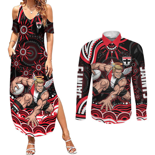 Personalized St Kilda Saints Footy Mascot Couples Matching Summer Maxi Dress and Long Sleeve Button Shirt Aboriginal Dot Art - Dreamtime Football Mascot