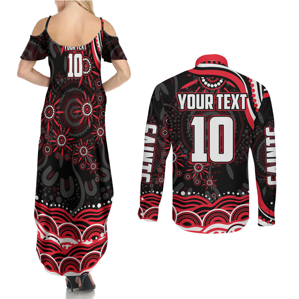 Personalized St Kilda Saints Footy Mascot Couples Matching Summer Maxi Dress and Long Sleeve Button Shirt Aboriginal Dot Art - Dreamtime Football Mascot