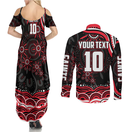 Personalized St Kilda Saints Footy Mascot Couples Matching Summer Maxi Dress and Long Sleeve Button Shirt Aboriginal Dot Art - Dreamtime Football Mascot
