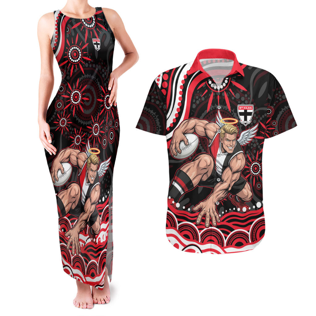 Personalized St Kilda Saints Footy Mascot Couples Matching Tank Maxi Dress and Hawaiian Shirt Aboriginal Dot Art - Dreamtime Football Mascot