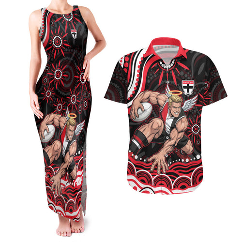 Personalized St Kilda Saints Footy Mascot Couples Matching Tank Maxi Dress and Hawaiian Shirt Aboriginal Dot Art - Dreamtime Football Mascot