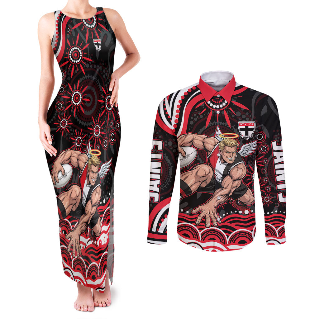 Personalized St Kilda Saints Footy Mascot Couples Matching Tank Maxi Dress and Long Sleeve Button Shirt Aboriginal Dot Art - Dreamtime Football Mascot