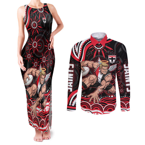 Personalized St Kilda Saints Footy Mascot Couples Matching Tank Maxi Dress and Long Sleeve Button Shirt Aboriginal Dot Art - Dreamtime Football Mascot