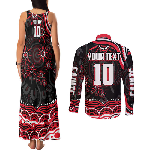 Personalized St Kilda Saints Footy Mascot Couples Matching Tank Maxi Dress and Long Sleeve Button Shirt Aboriginal Dot Art - Dreamtime Football Mascot