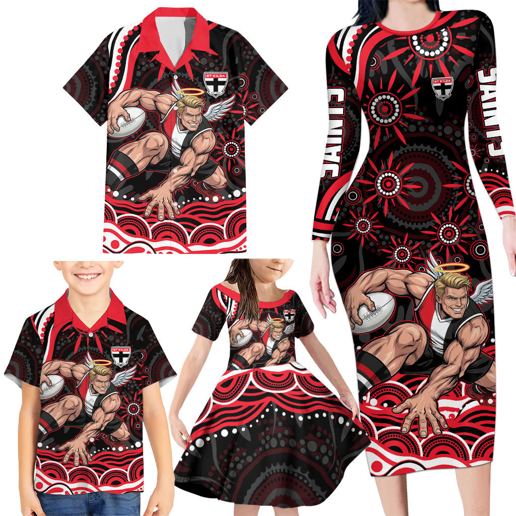Personalized St Kilda Saints Footy Mascot Family Matching Long Sleeve Bodycon Dress and Hawaiian Shirt Aboriginal Dot Art - Dreamtime Football Mascot