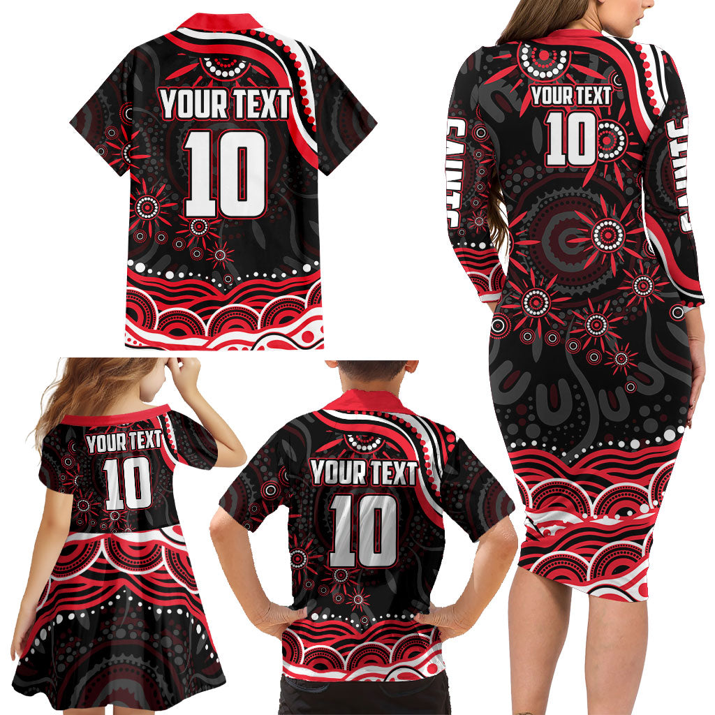 Personalized St Kilda Saints Footy Mascot Family Matching Long Sleeve Bodycon Dress and Hawaiian Shirt Aboriginal Dot Art - Dreamtime Football Mascot