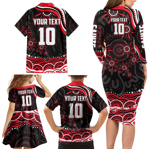 Personalized St Kilda Saints Footy Mascot Family Matching Long Sleeve Bodycon Dress and Hawaiian Shirt Aboriginal Dot Art - Dreamtime Football Mascot