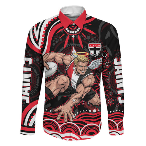 Personalized St Kilda Saints Footy Mascot Family Matching Long Sleeve Bodycon Dress and Hawaiian Shirt Aboriginal Dot Art - Dreamtime Football Mascot