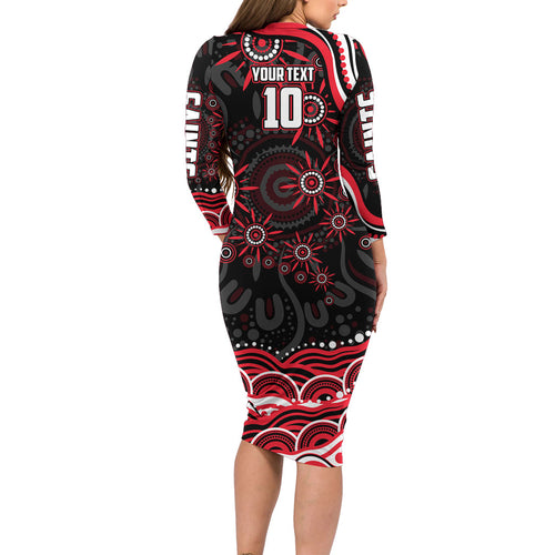 Personalized St Kilda Saints Footy Mascot Family Matching Long Sleeve Bodycon Dress and Hawaiian Shirt Aboriginal Dot Art - Dreamtime Football Mascot