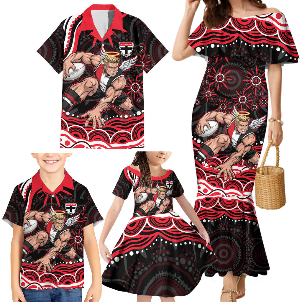 Personalized St Kilda Saints Footy Mascot Family Matching Mermaid Dress and Hawaiian Shirt Aboriginal Dot Art - Dreamtime Football Mascot
