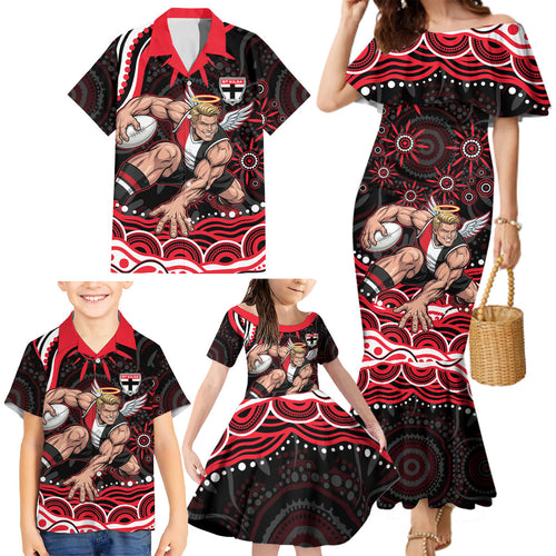 Personalized St Kilda Saints Footy Mascot Family Matching Mermaid Dress and Hawaiian Shirt Aboriginal Dot Art - Dreamtime Football Mascot