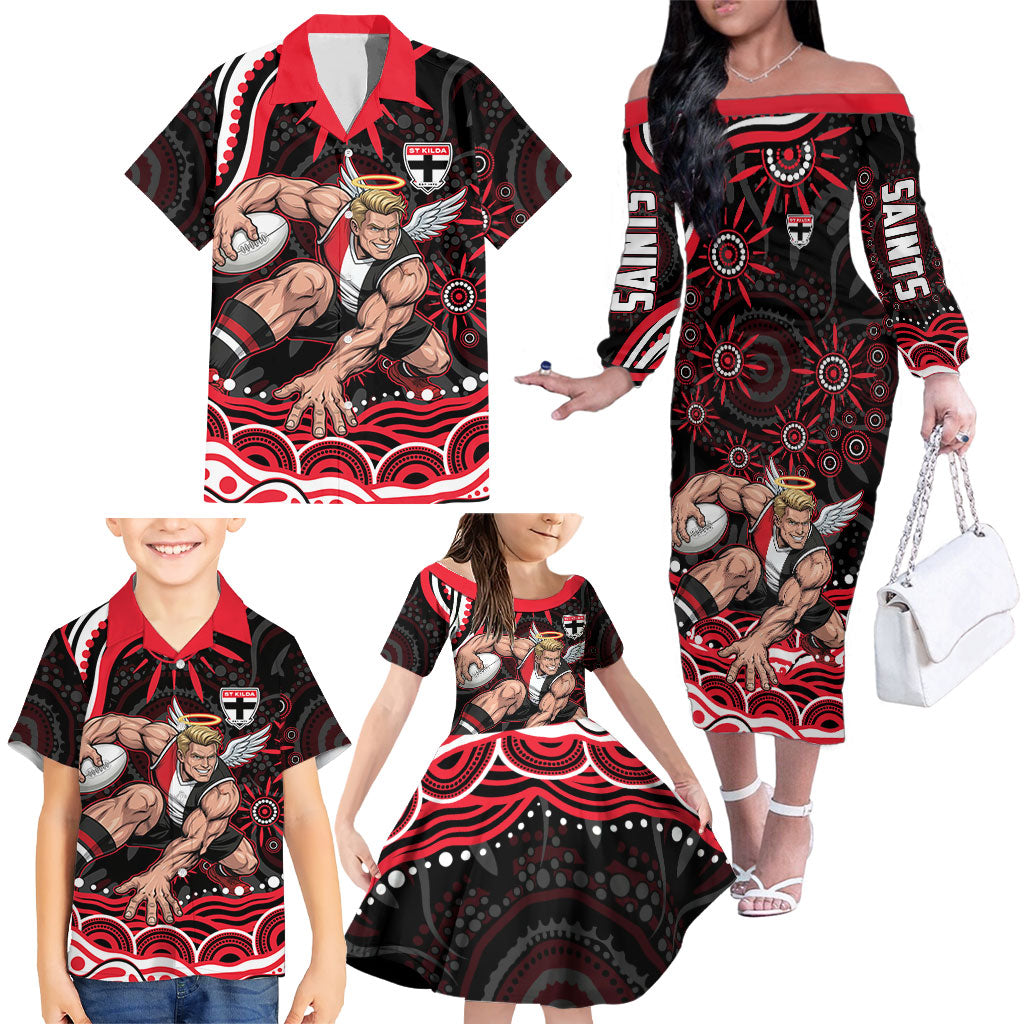 Personalized St Kilda Saints Footy Mascot Family Matching Off The Shoulder Long Sleeve Dress and Hawaiian Shirt Aboriginal Dot Art - Dreamtime Football Mascot