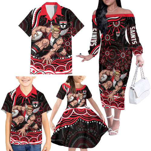 Personalized St Kilda Saints Footy Mascot Family Matching Off The Shoulder Long Sleeve Dress and Hawaiian Shirt Aboriginal Dot Art - Dreamtime Football Mascot