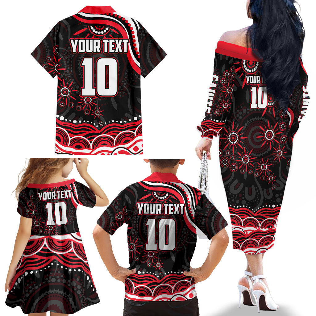 Personalized St Kilda Saints Footy Mascot Family Matching Off The Shoulder Long Sleeve Dress and Hawaiian Shirt Aboriginal Dot Art - Dreamtime Football Mascot