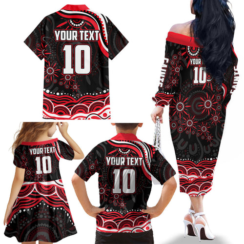 Personalized St Kilda Saints Footy Mascot Family Matching Off The Shoulder Long Sleeve Dress and Hawaiian Shirt Aboriginal Dot Art - Dreamtime Football Mascot