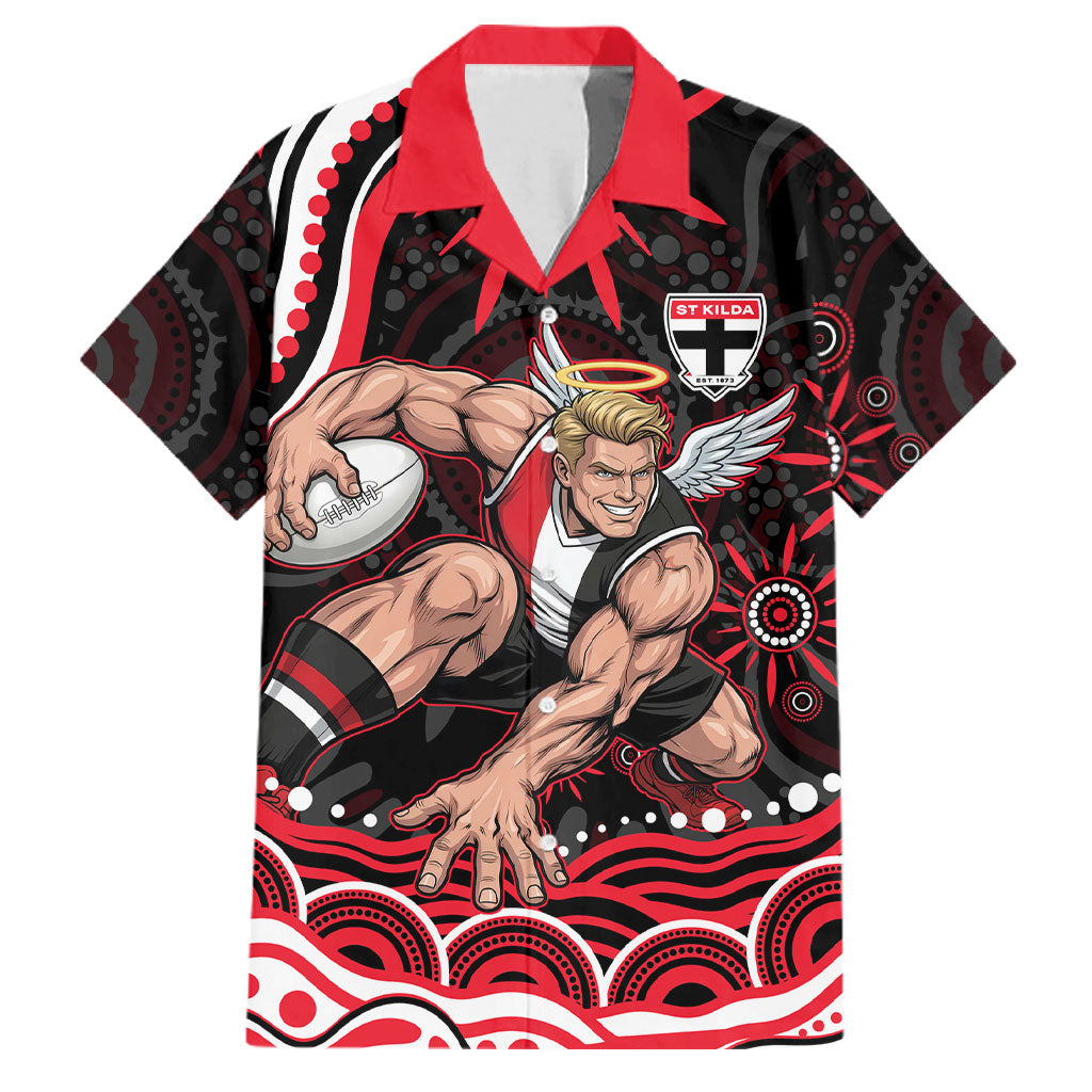 Personalized St Kilda Saints Footy Mascot Family Matching Off The Shoulder Long Sleeve Dress and Hawaiian Shirt Aboriginal Dot Art - Dreamtime Football Mascot