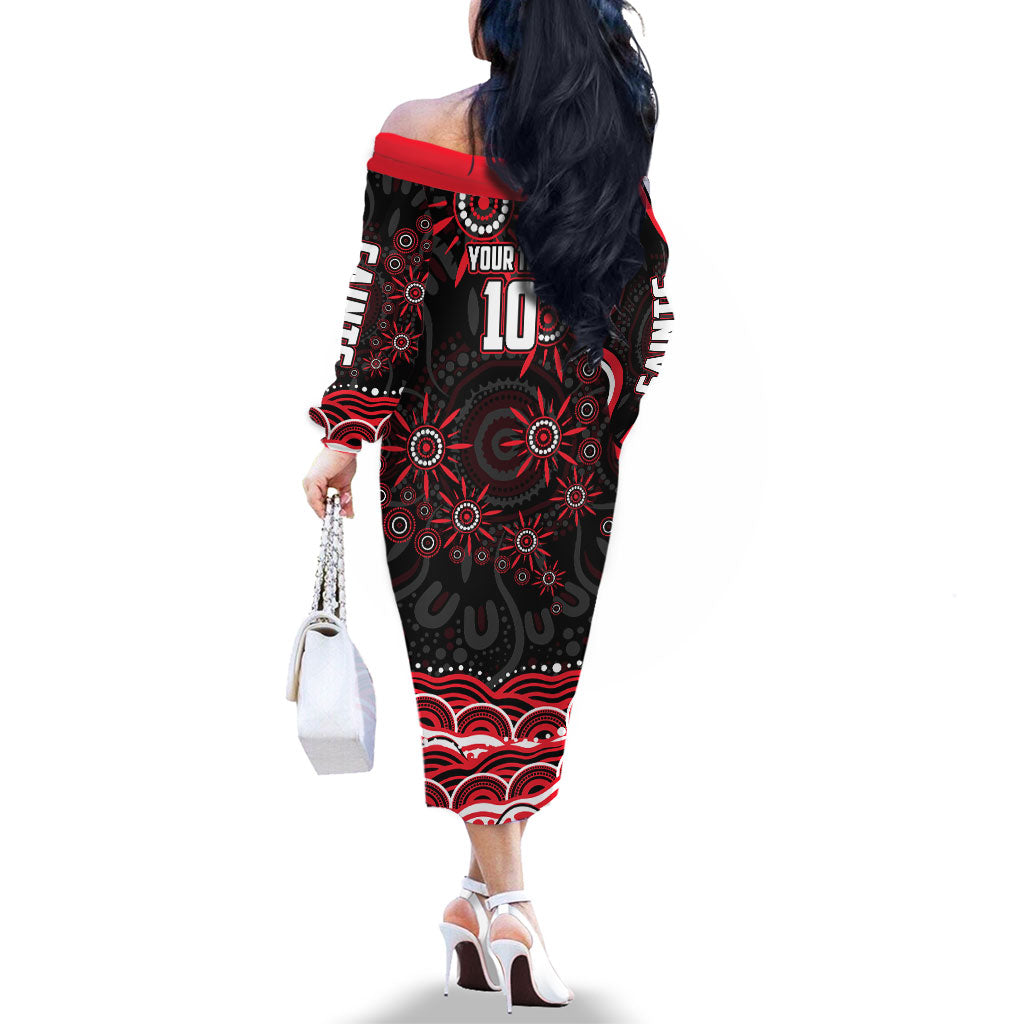 Personalized St Kilda Saints Footy Mascot Family Matching Off The Shoulder Long Sleeve Dress and Hawaiian Shirt Aboriginal Dot Art - Dreamtime Football Mascot