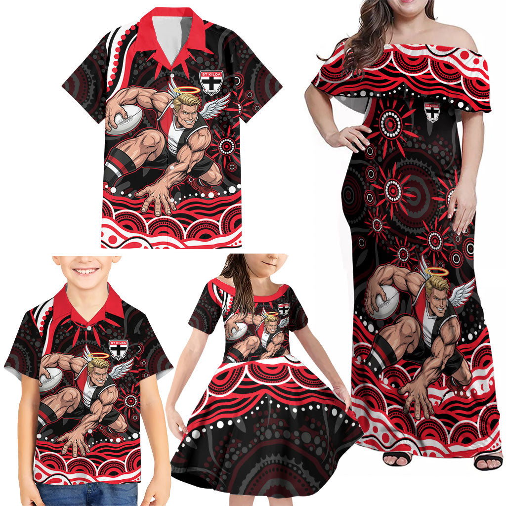 Personalized St Kilda Saints Footy Mascot Family Matching Off Shoulder Maxi Dress and Hawaiian Shirt Aboriginal Dot Art - Dreamtime Football Mascot