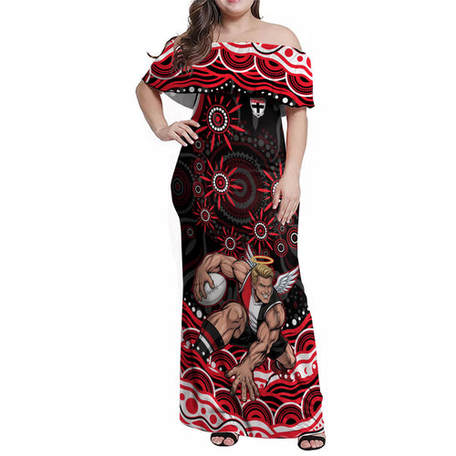 Personalized St Kilda Saints Footy Mascot Family Matching Off Shoulder Maxi Dress and Hawaiian Shirt Aboriginal Dot Art - Dreamtime Football Mascot