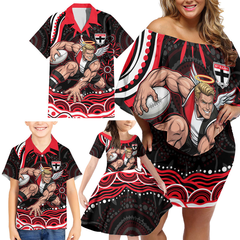 Personalized St Kilda Saints Footy Mascot Family Matching Off Shoulder Short Dress and Hawaiian Shirt Aboriginal Dot Art - Dreamtime Football Mascot
