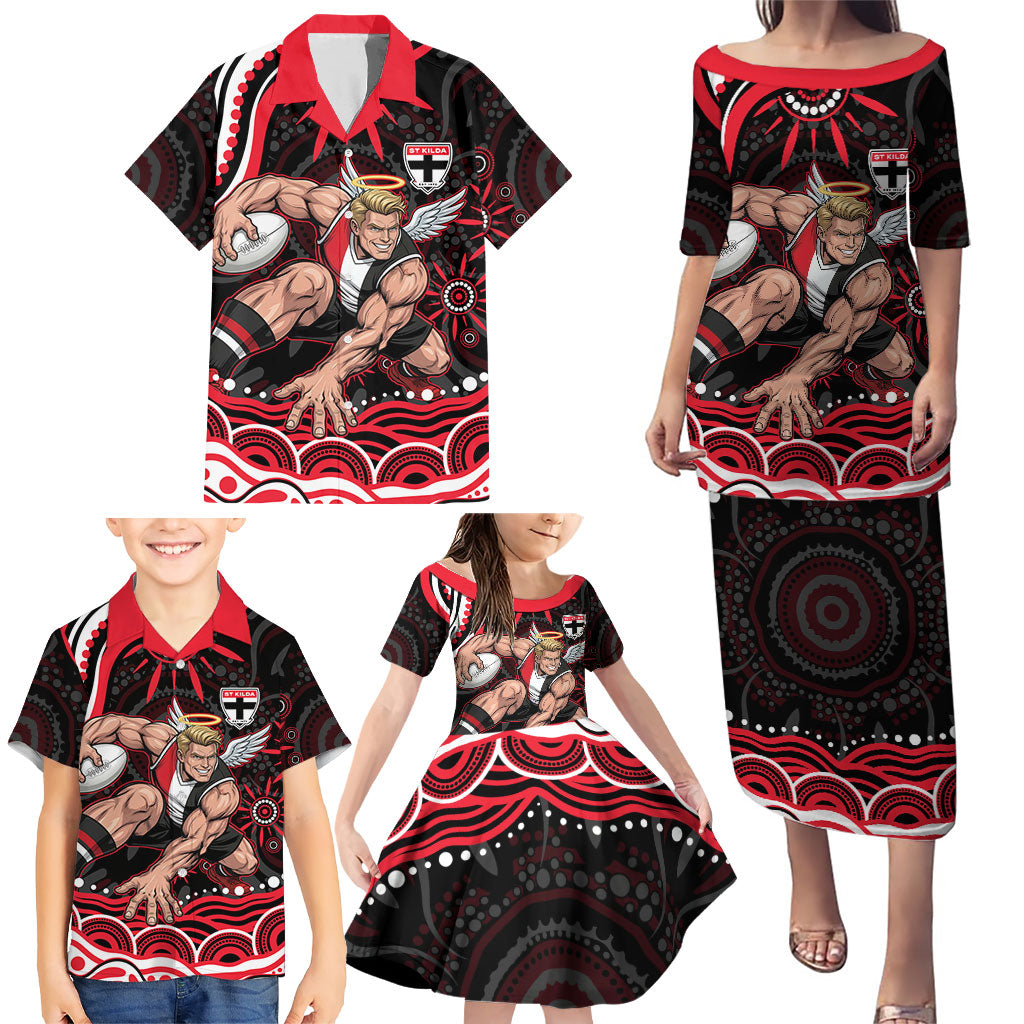 Personalized St Kilda Saints Footy Mascot Family Matching Puletasi and Hawaiian Shirt Aboriginal Dot Art - Dreamtime Football Mascot