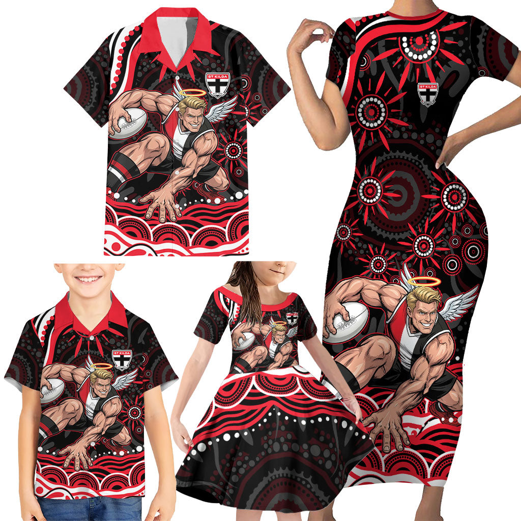 Personalized St Kilda Saints Footy Mascot Family Matching Short Sleeve Bodycon Dress and Hawaiian Shirt Aboriginal Dot Art - Dreamtime Football Mascot