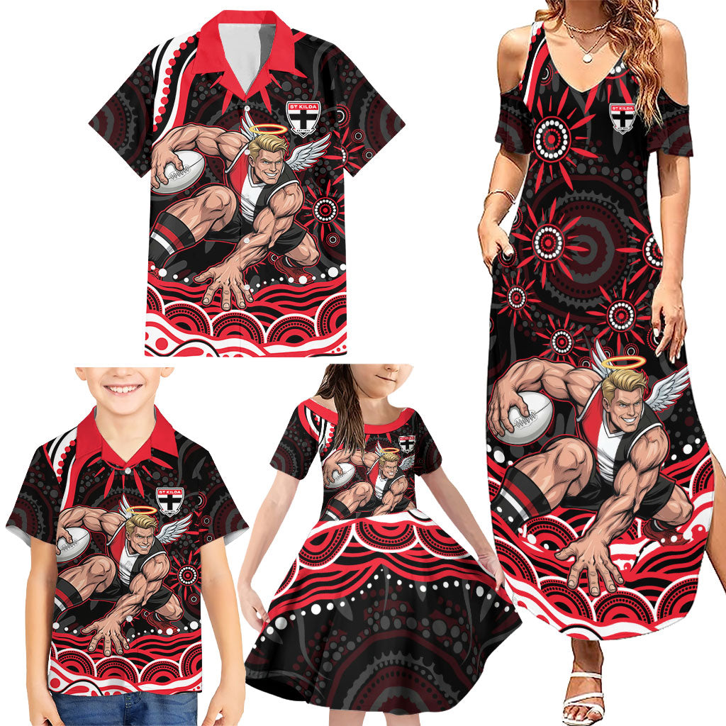 Personalized St Kilda Saints Footy Mascot Family Matching Summer Maxi Dress and Hawaiian Shirt Aboriginal Dot Art - Dreamtime Football Mascot