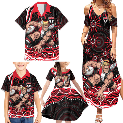Personalized St Kilda Saints Footy Mascot Family Matching Summer Maxi Dress and Hawaiian Shirt Aboriginal Dot Art - Dreamtime Football Mascot