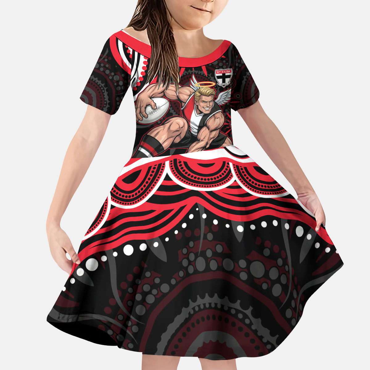 Personalized St Kilda Saints Footy Mascot Kid Short Sleeve Dress Aboriginal Dot Art - Dreamtime Football Mascot