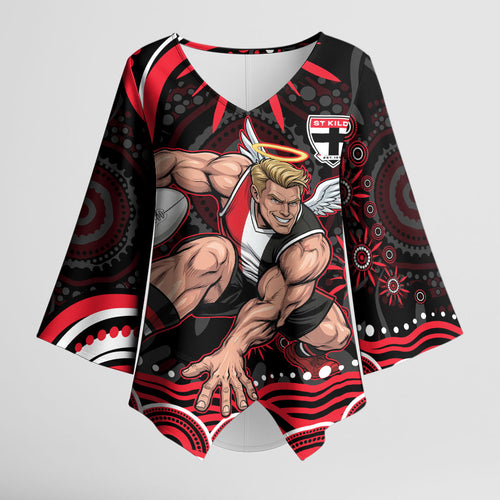 Personalized St Kilda Saints Footy Mascot Kimono Sleeve Blouse Aboriginal Dot Art - Dreamtime Football Mascot
