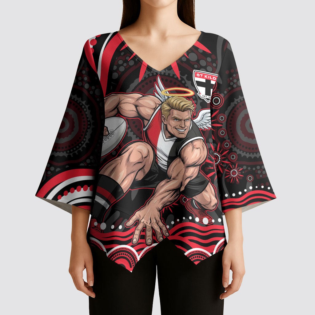 Personalized St Kilda Saints Footy Mascot Kimono Sleeve Blouse Aboriginal Dot Art - Dreamtime Football Mascot