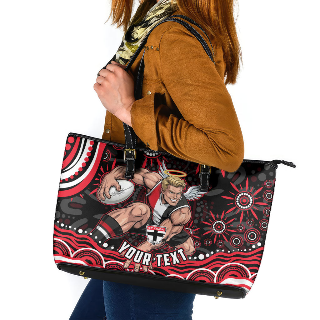 Personalized St Kilda Saints Footy Mascot Leather Tote Bag Aboriginal Dot Art - Dreamtime Football Mascot