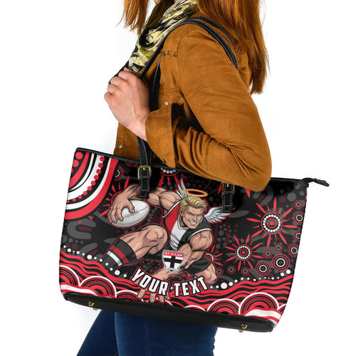 Personalized St Kilda Saints Footy Mascot Leather Tote Bag Aboriginal Dot Art - Dreamtime Football Mascot