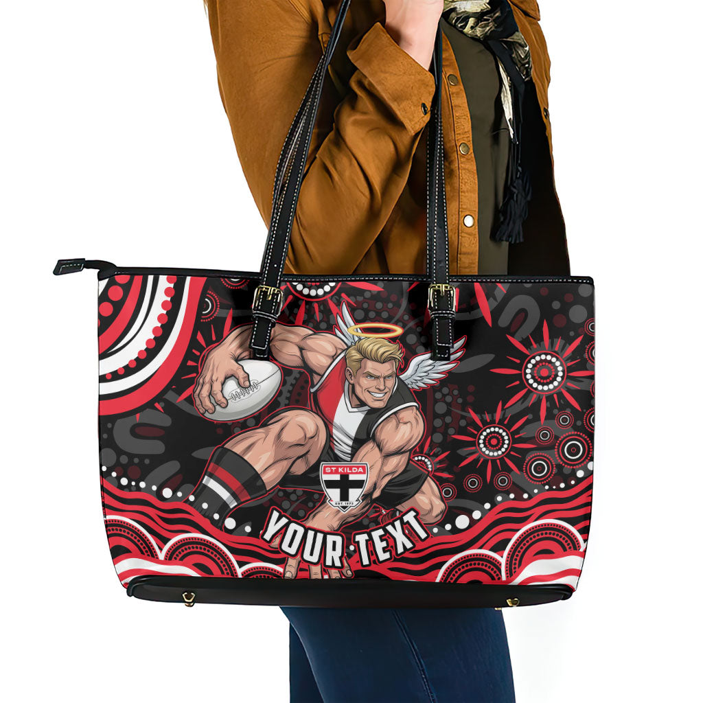 Personalized St Kilda Saints Footy Mascot Leather Tote Bag Aboriginal Dot Art - Dreamtime Football Mascot