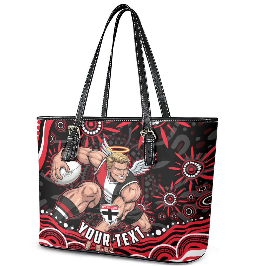 Personalized St Kilda Saints Footy Mascot Leather Tote Bag Aboriginal Dot Art - Dreamtime Football Mascot