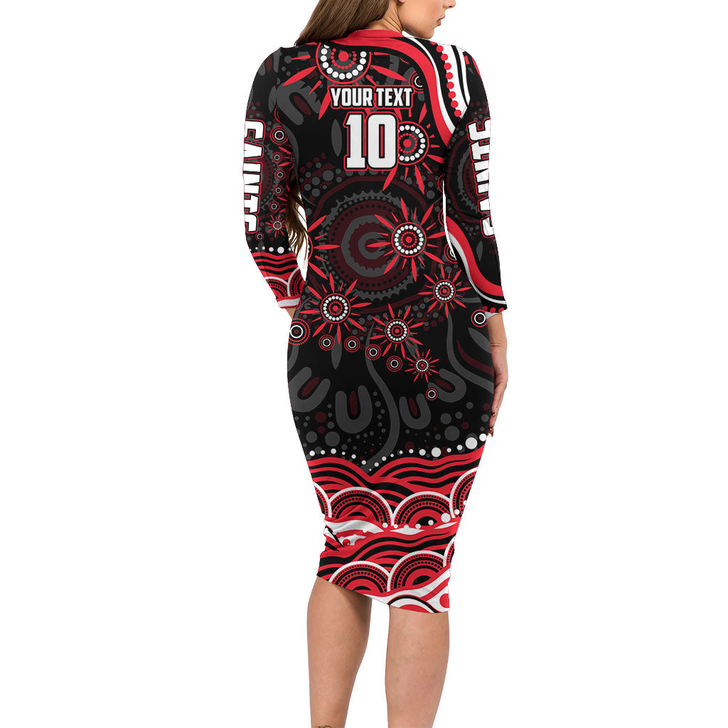 Personalized St Kilda Saints Footy Mascot Long Sleeve Bodycon Dress Aboriginal Dot Art - Dreamtime Football Mascot