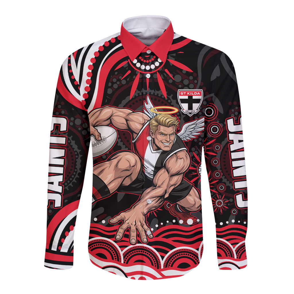 Personalized St Kilda Saints Footy Mascot Long Sleeve Button Shirt Aboriginal Dot Art - Dreamtime Football Mascot
