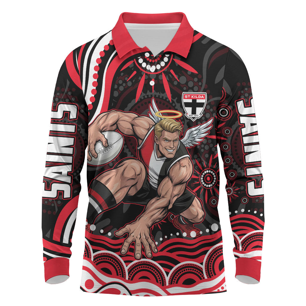 Personalized St Kilda Saints Footy Mascot Long Sleeve Polo Shirt Aboriginal Dot Art - Dreamtime Football Mascot
