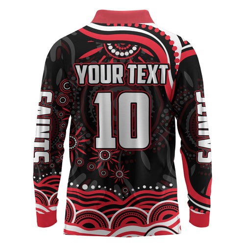 Personalized St Kilda Saints Footy Mascot Long Sleeve Polo Shirt Aboriginal Dot Art - Dreamtime Football Mascot