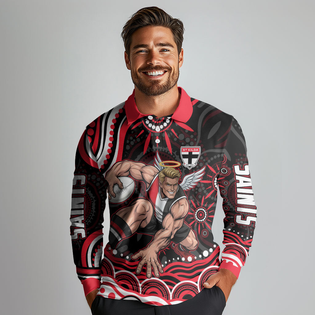 Personalized St Kilda Saints Footy Mascot Long Sleeve Polo Shirt Aboriginal Dot Art - Dreamtime Football Mascot
